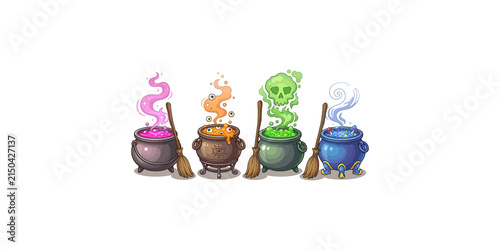 Картината върху платно Witch cauldron collection with colorful potions magic smoke and broomsticks