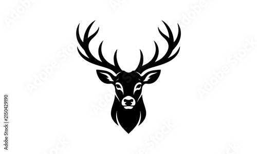 A bold and minimalist black and white vector illustration of a majestic stag head featuring detailed symmetrical antlers centered on white background