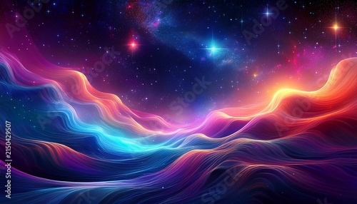 Vibrant Cosmic Nebula And Starry Galaxy Landscape With Ethereal Glowing Waves