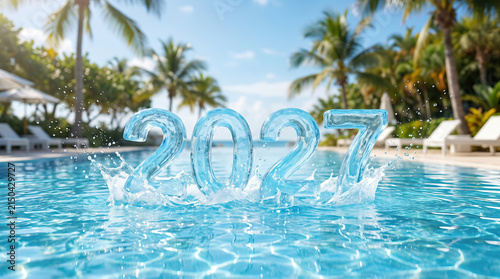 2027 numbers floating in swimming pool with splashing water and tropical resort background
