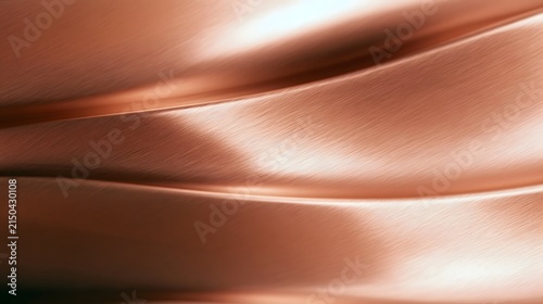 Abstract flowing wave patterns on a smooth copper colored metallic surface with soft highlights and gentle gradients