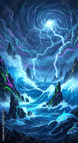 Abstract digital art swirling blue and purple cosmic waves.
