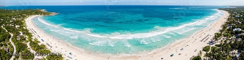 Panoramic Aerial View of Tropical White Sand Beach and Turquoise Water