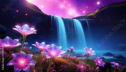 Pink Crystal Clear Wild Flowers Next To A Waterfall With The Star Aurora In The Sky