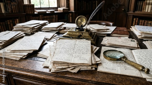 Antique Desk with Stacks of Old Letters Quill and Magnifying Glass