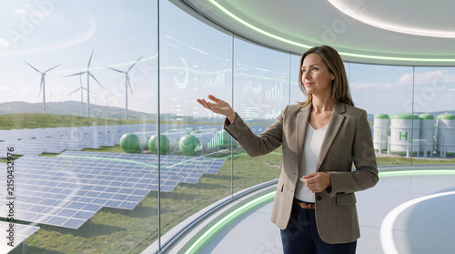 Professional woman presenting clean energy, renewable power, green technology, sustainable development, solar panel, wind turbine, innovation