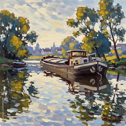 Autumn river scene with historic boat and bridge.