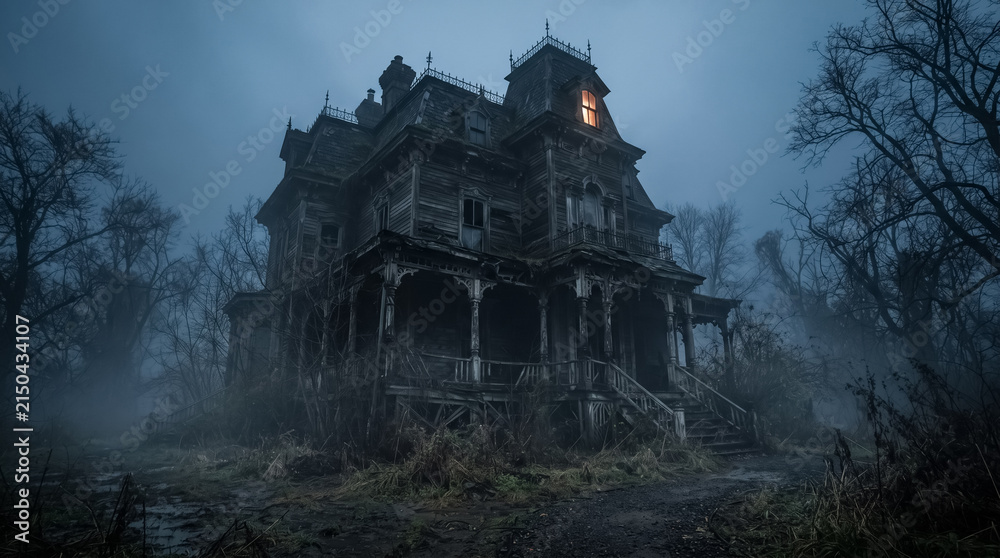 Obraz premium Dilapidated Gothic Victorian House in Heavy Mist with Single Glowing Attic Window 