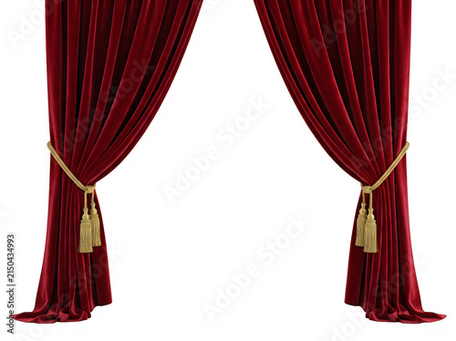 Fototapeta Red velvet curtains pulled back with golden tassels isolated on transparent background