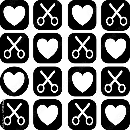 Black and white heart and scissors grid seamless pattern, vector background
