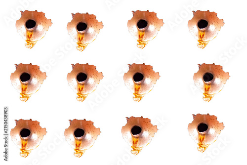 Bullet hole on rusted metal sheet with rust drip stain, isolated on transparent PNG background. Design element for digital compositing, editorial design, motion graphics and overlay effects.