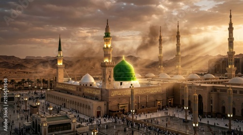 Beautiful Golden Sunset Over Al Masjid An Nabawi Mosque In Medina