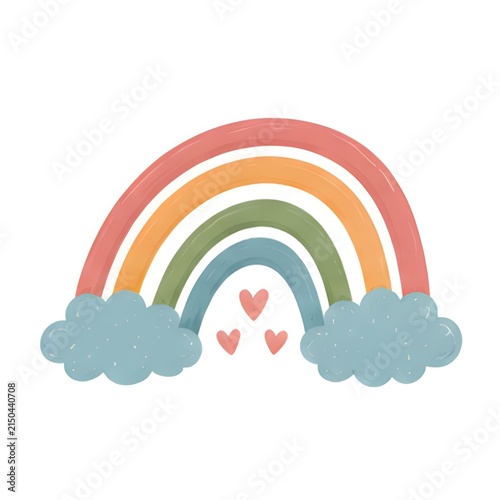 Cute hand drawn watercolor style rainbow with fluffy clouds and little pink hearts watercolor illustration whimsical colorful affection children decoration isolated backdrop creative