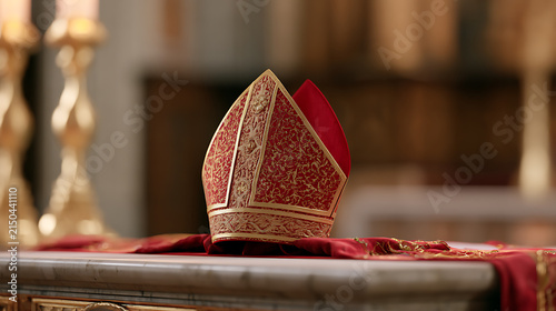 A richly ornate red and gold mitre rests on an altar, symbolizing traditional religious authority, dignity, and ceremonial elegance