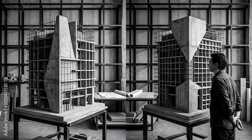 Architect examining a complex scale model in a studio diptych