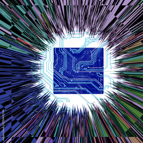 Digital circuit design with lines and patterns radiating from a central blue square on a white background