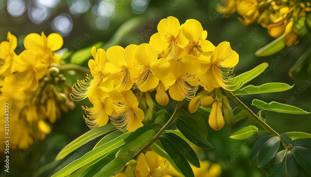 Obraz premium A Close Up Of The Bright Yellow Flowers Of Senna Spectabilis On Flowering Branches This Ornamental Tropical Tree Is Popular In Landscaping Beekeeping And Landscape Design