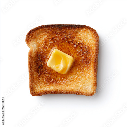 Crispy toasted bread slice with melting butter pat isolated on white background