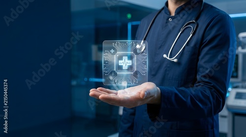 Medical professional displays a glowing digital cross symbol integrated into a circuit board to signify health technology advancement.