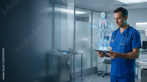 Doctor reviews patient health data using a digital tablet to visualize a holographic human anatomy model.