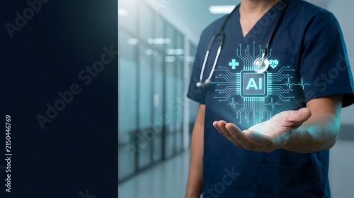 Healthcare professional displays an artificial intelligence icon floating above their palm to symbolize the future of automated medical assistance.