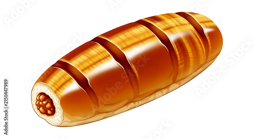 Japanese kare-pan (curry bread roll) as a tiger's eye gem, a glossy, elongated curry bread roll with a golden, faceted surface, a small bite revealing the curry filling inside 