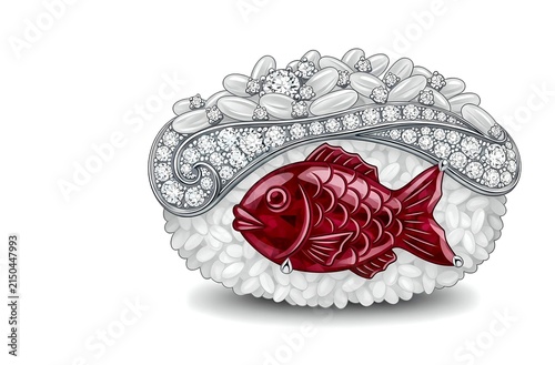 High-Fashion Jewelry Rendering of a piece of nigiri as a haute couture brooch, rice grains as pave-set diamonds and fish as carved ruby