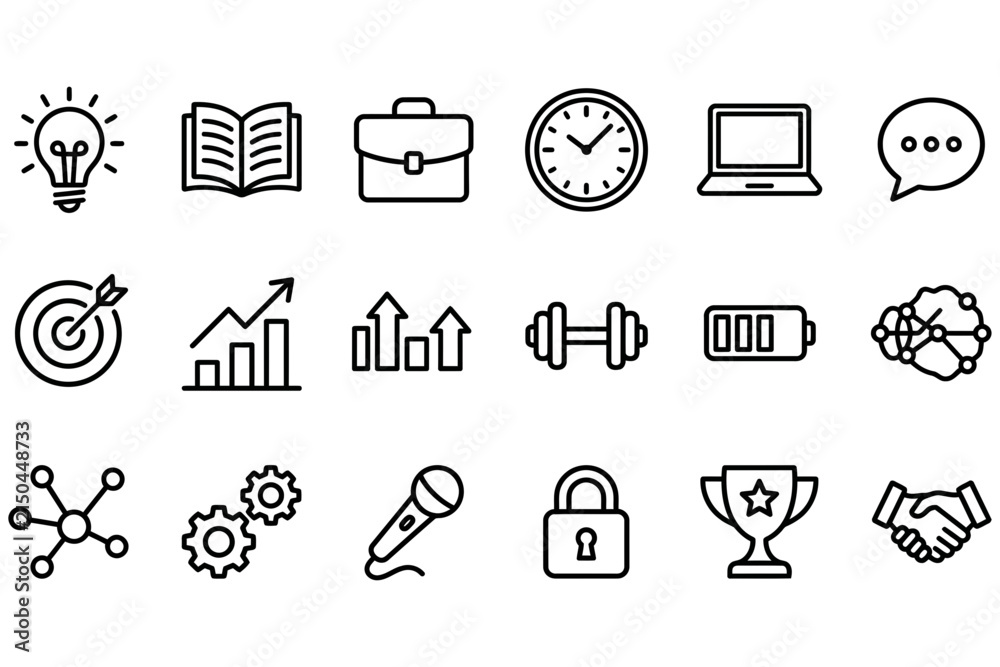 Fototapeta premium Set of simple black line business and technology icons for web design and mobile applications isolated on white