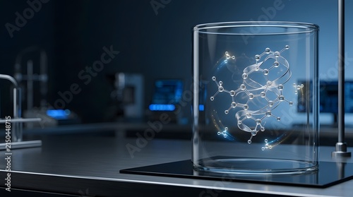 Molecule structure floats inside a glass laboratory cylinder on a metallic table in a darkened research facility.