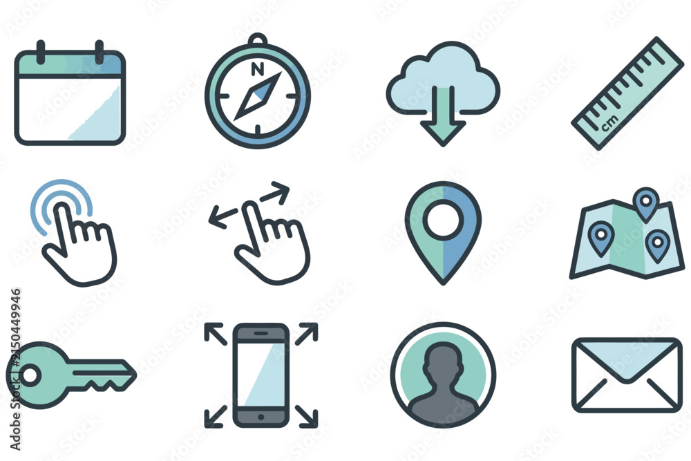 Fototapeta premium Set of colorful flat design web and mobile navigation icons for digital interface and business communication
