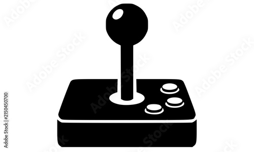 Black silhouette of a classic retro arcade joystick with ball-top handle and buttons, a bold vector gaming icon perfect for esports, retro game branding, and entertainment design projects