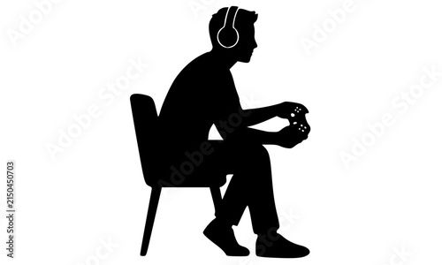 Black silhouette of a gamer sitting in a chair wearing headphones and holding a controller, a bold vector icon representing esports, gaming lifestyle, and online streaming culture