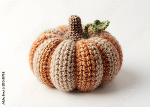 Thick Faux yarn embroidered pumpkin isolated on white background, crochet style 