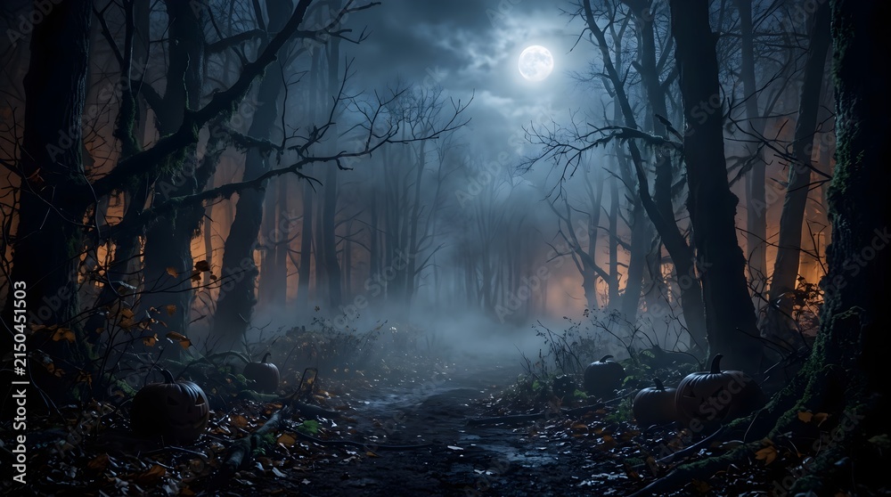 Fototapeta premium Dark and misty spooky forest landscape at night with faint light filtering through dense trees and pumpkins scattered on the ground.