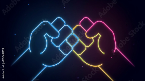 Two neon outlined human hands clenched in fist bump gesture with friendship agreement collaboration abstract connection teamwork business colorful cooperation interaction together