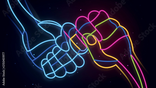 Neon glowing human hands joining in collaborative gesture on dark background with collaboration abstract connection teamwork partnership business together colorful cooperation interaction