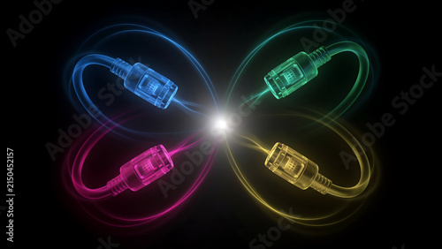 Four colored network cables connected to a central information hub with ethernet internet technology connection communication infrastructure connectivity networking information abstract