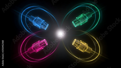 Abstract digital communication concept with four glowing colored cables ethernet internet technology connection communication networking infrastructure connectivity information abstract