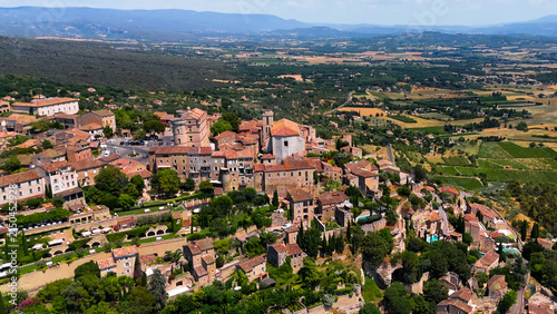 Aerial drone view Gordes commune on top of a hill. Provence-Alpes-Cote d'Azur region