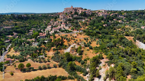 Aerial drone view Gordes commune on top of a hill. Provence-Alpes-Cote d'Azur region