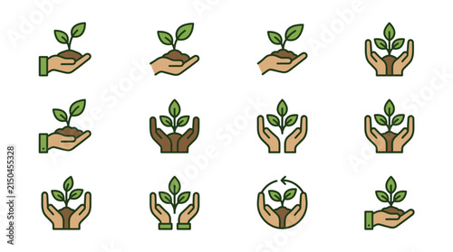 Hands holding green plant saplings icon set.