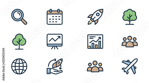 Global business growth and corporate strategy icon collection.