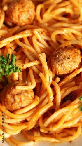 Spaghetti and meatballs tomato sauce meat dish tasty snack fresh gourmet food background on the table rustic food top view copy space