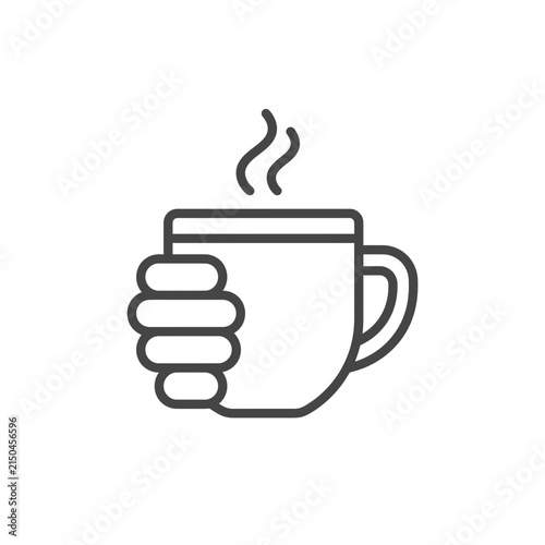 Hand holding a steaming coffee mug icon.