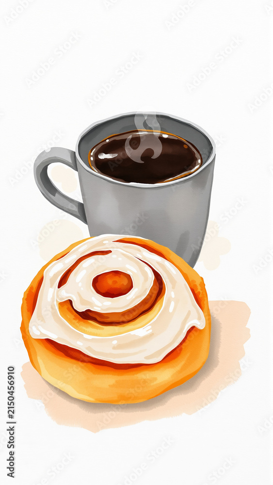 Obraz premium Cinnamon roll none, in white background, with cinnamon roll, coffee cup, from a top-down perspective perspective, with orange, white accents, and delicious and inviting mood.