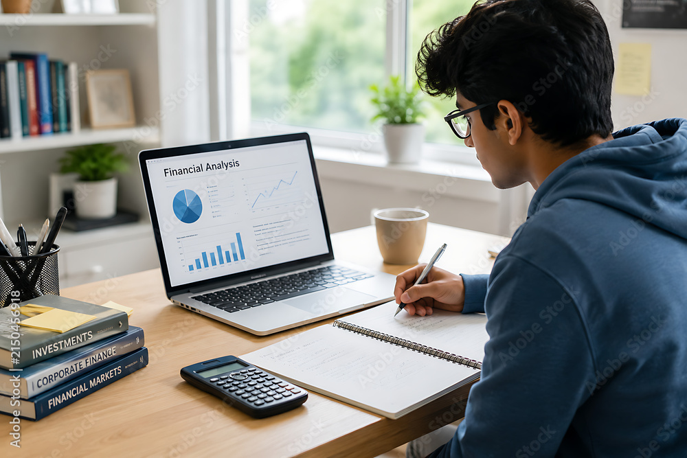 Fototapeta premium Young man student working on laptop with charts and notebook, business