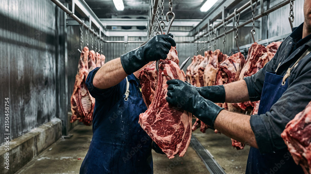 Obraz premium A worker in an apron and gloves handles large cuts of hanging beef carcasses in a cold storage or slaughterhouse facility.