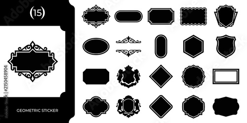 Set of fifteen vintage black frame labels and decorative geometric stickers for design projects
