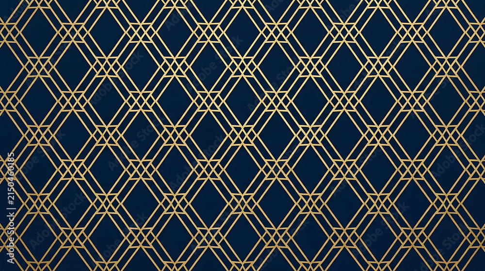 A sophisticated seamless pattern featuring golden geometric lines forming a diamond grid on a dark blue background, evoking an Art Deco style.