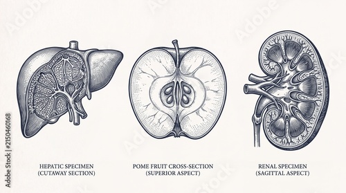 Engraved illustration showing anatomical parts of liver, apple, and kidney in various views